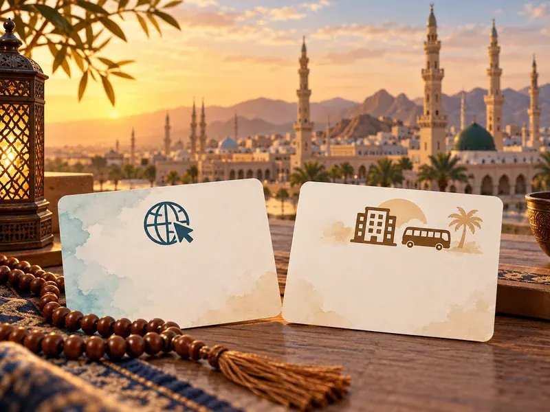 Umre vizesi için turistik e-vize ve Nusuk paketi yollarını ayıran kartlar